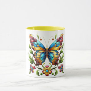 Caneca Borboleta de vidro colorida com flores