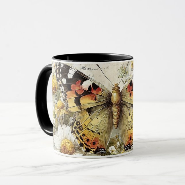 Caneca borboleta discreta com flores (Frente Esquerda)