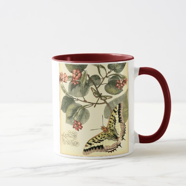 Caneca Borboleta e Dragonfly com Flores Vermelhas (Direita)