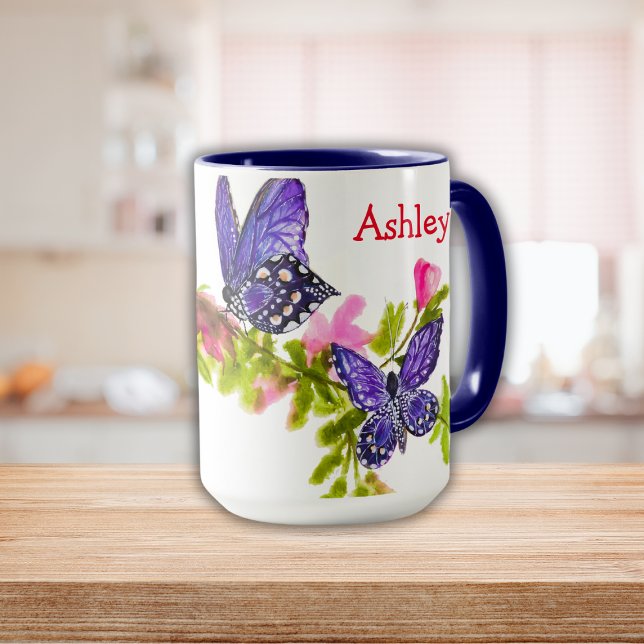 Caneca Borboleta e Flores de Aquarela Púrpura Personaliza (Personalized Purple Watercolor Butterfly & Flowers Mug)