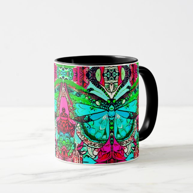 Caneca Borboleta e Medallion Batik Padrões em Turquesa (Frente Esquerda)