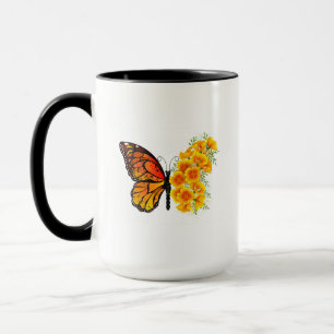 Caneca Borboleta Flor com Papoula da Califórnia Amarela