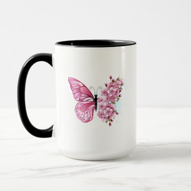 Caneca Borboleta Flor com Sakura Rosa (Esquerda)