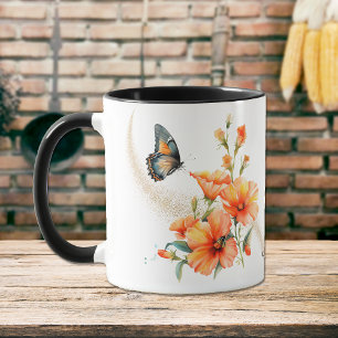 Caneca Borboleta Floral Laranja Azul