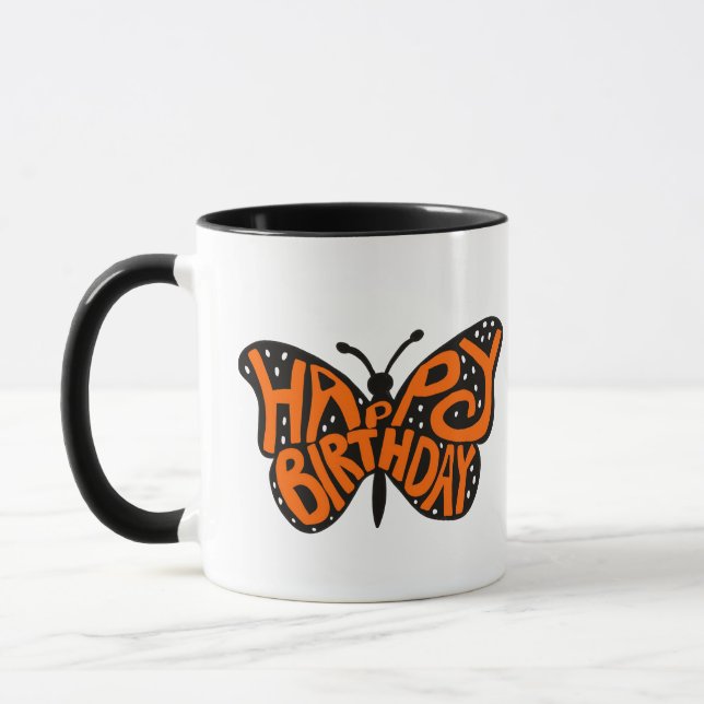 Caneca Borboleta Monarca Negra e Laranja Feliz Aniversári (Esquerda)