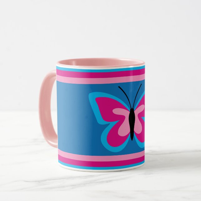 Caneca Borboleta Rosa Azul - Fundo Azul - (Frente Esquerda)