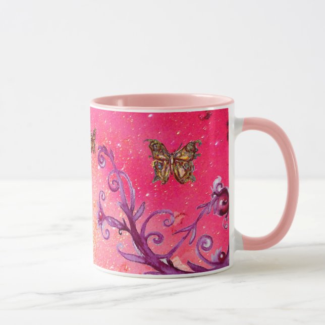 CANECA BORBOLETA ROSA BRILHOS, FLORAL PÚRPURA FÚCSIA (Direita)