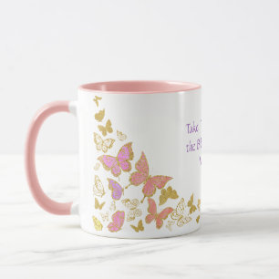 Caneca Borboleta rosa Dourada leva tempo para ver beleza