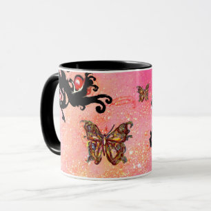 CANECA BORBOLETA ROSA FAÍSCAS, MONOGRAMA FLORAL PRETA,
