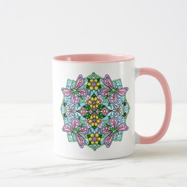 Caneca Borboleta rosa Mandala Whimsical Drake (Direita)