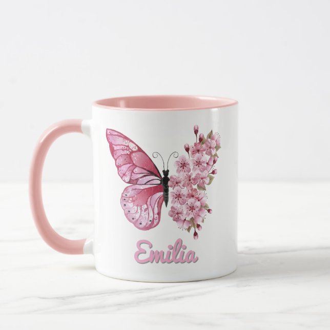 Caneca Borboleta Rosa Personalizada & Flor de Cerejeira (Esquerda)