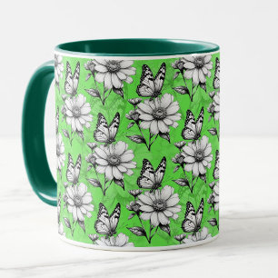 Caneca Borboleta Sobre Design Verde Padrão Flor
