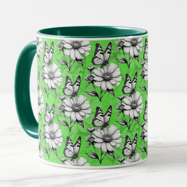 Caneca Borboleta Sobre Design Verde Padrão Flor (Criador carregado)