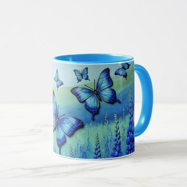 Caneca Borboletas Azuis com Flores Azuis, (Frente Esquerda)