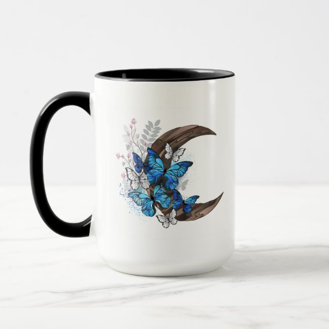 Caneca Borboletas azuis em crescente de madeira (Esquerda)