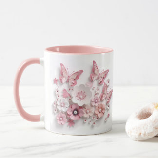 Caneca Borboletas brancas e cor-de-rosa Flores Mug