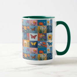 Caneca Borboletas Coloridas e Flores Silvestres Patchwork