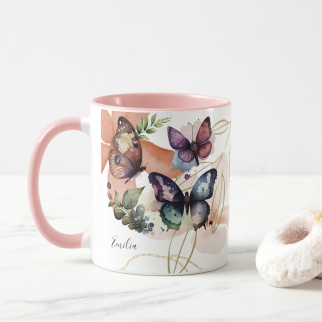 Caneca Borboletas Florescem Nome Bonito (Com Donut)