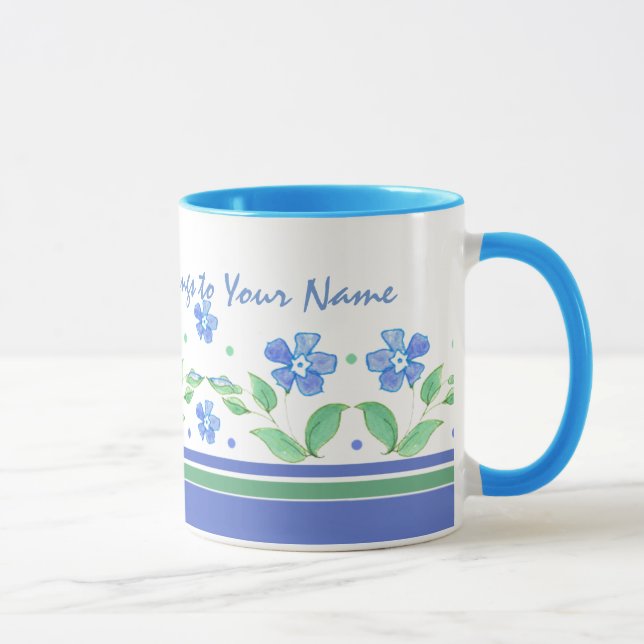 Caneca Borda Floral Verde Azul Periwinkle para Personaliz (Direita)