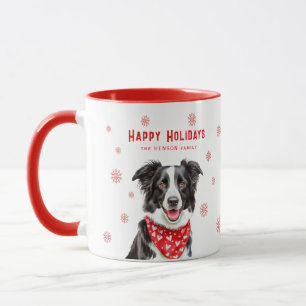 Caneca Border Collie Bandana Vermelha de Coração Natal 
