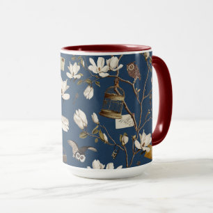 Caneca Bosque de Magnólias com Corujas em Azul Marinho