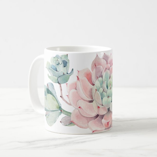 Caneca branca com suculências verdes cor-de-rosa e (Frente Esquerda)