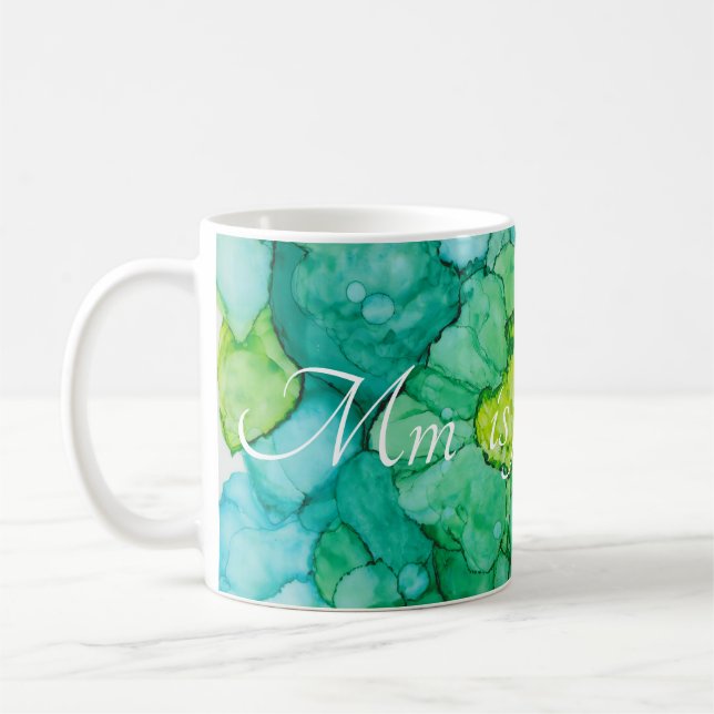 Caneca branca de café clássica "Flores Azuis-Verde (Esquerda)