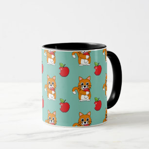 Caneca Branca De Gato Branco, Comendo Maçã Vermelha