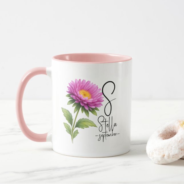 Caneca Bright Aster Monogram – September Birth Flower (Com Donut)