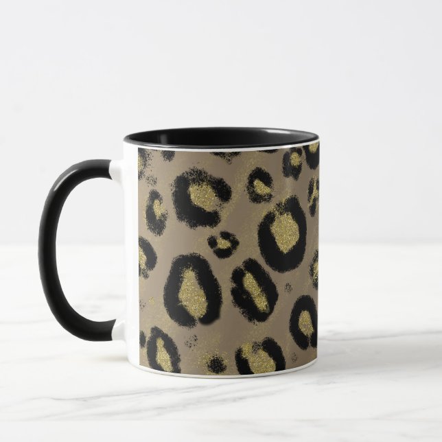 Caneca Brilho Dourado Marrom & Impressão de Leopardo e Gu (Esquerda)
