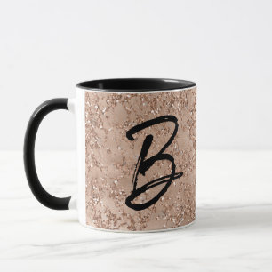 Caneca Brilho Rosa Bege Dourado Monograma Estrelado