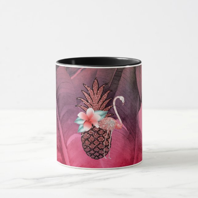 Caneca Brilho Tropical Rosa Folhas de Palmeira de Abacaxi (Centro)