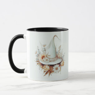 Caneca Bruxa Boho Chapéu Branco e Flores Verde Halloween
