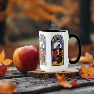 Caneca Bruxa de Outono Art Nouveau Abóboras Lua Roxa