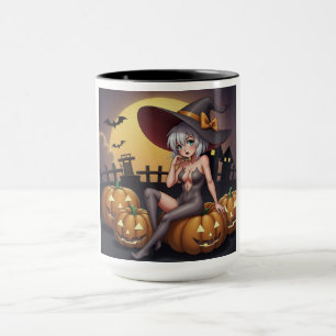 Caneca Bruxa do Halloween Olho Verde no Jack-O-Lantern