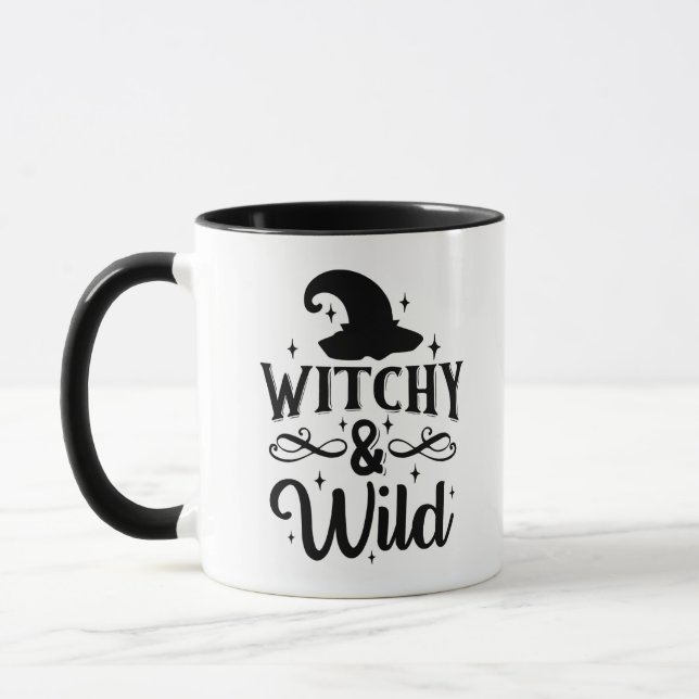 Caneca Bruxa e Selvagem Preto e Branco Halloween Fofo (Esquerda)