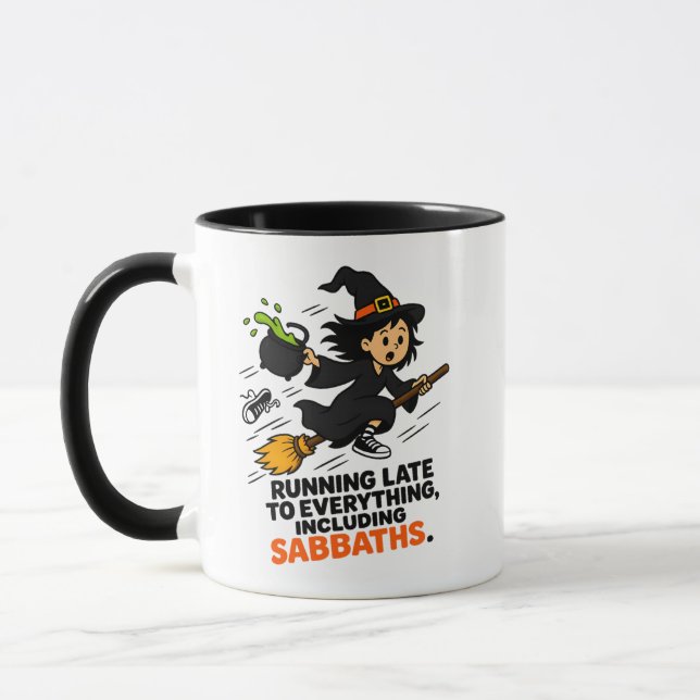 Caneca Bruxa engraçada com TDAH atrasada no Halloween (Esquerda)