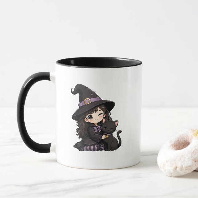 Caneca Bruxa fofa e gato preto (Com Donut)