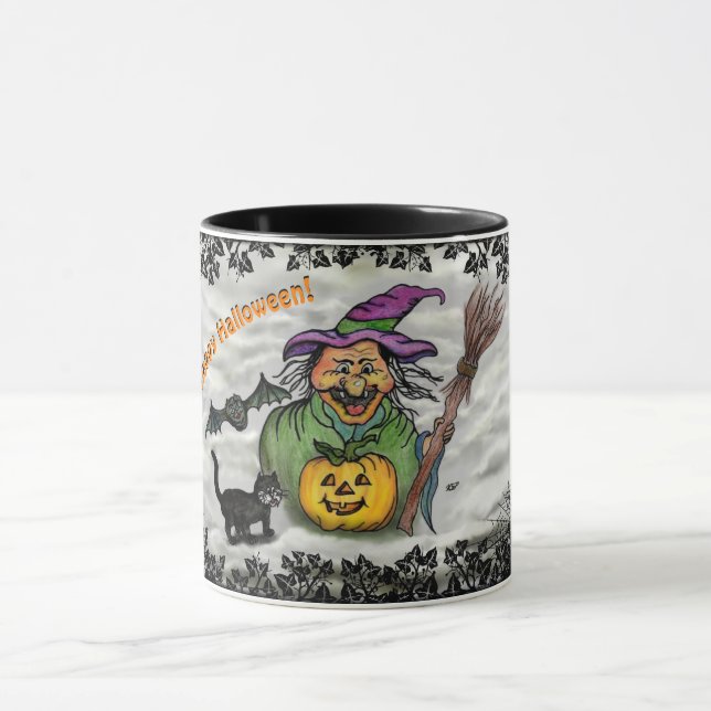 Caneca Bruxa, Gato, Bat e Pumpkin, Feliz Halloween! (Centro)