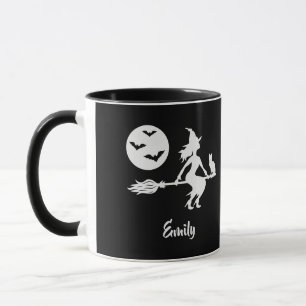 Caneca Bruxa Voando Em Uma Vassoura Preto E Branco Com No