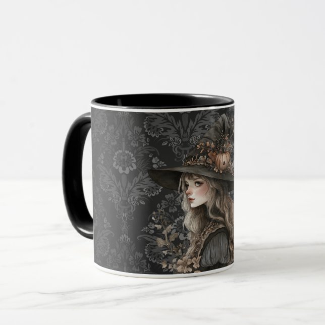 Caneca Bruxa Whimsical em Black Damask (Frente Esquerda)