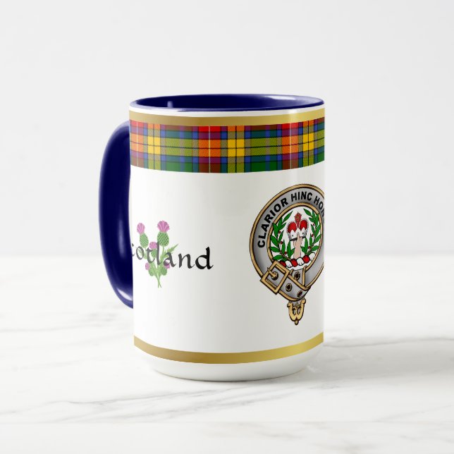 Caneca Buchanan Clan Crachá Tartan & Motto Mug (Frente Esquerda)