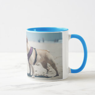 Caneca Buldogue francês na praia