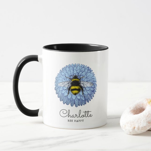 Caneca Bumblebee Bonito na Flor Azul Adicione seu Nome (Com Donut)