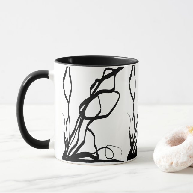 Caneca Buquê Blanc: Abstrato branco e preto (Com Donut)