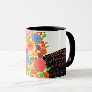 Caneca Buquê Colorido de Flores num Vaso Preto