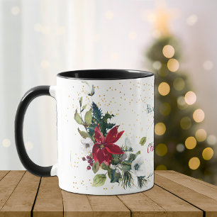 Caneca Buquê de Poinsettia Vermelha Dourado Natal Glitter