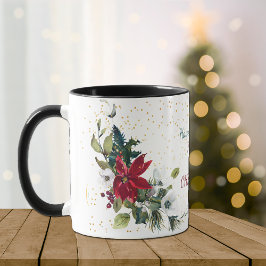 Caneca Buquê de Poinsettia Vermelha Dourado Natal Glitter