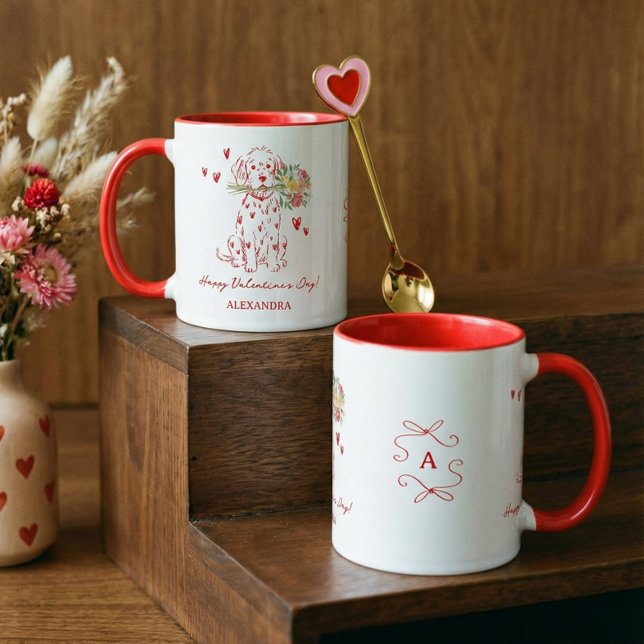 Caneca Buquê de Rabiscos de Cachorro Fofo Dia dos Namorad (Cute Dog Scribble Bouquet Happy Valentine's Day Mug)