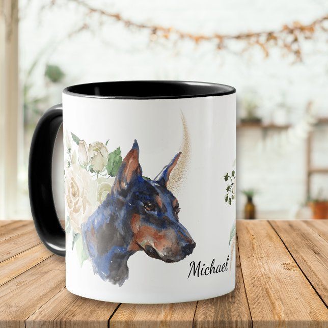 Caneca Buquê de Rosa Branco Doberman Pinscher Cão (Criador carregado)